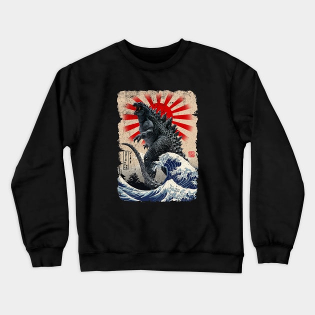 Godzilla and the Great Wave Crewneck Sweatshirt by DavidLoblaw